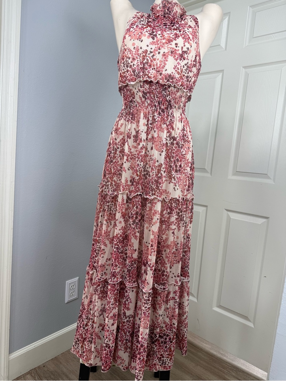 Smocked Halter Pink Floral Maxi Dress